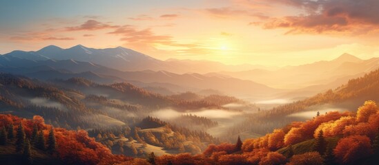 Mountainous landscape at sunset during autumn, with a picturesque scene in the background, ideal for a copy space image.