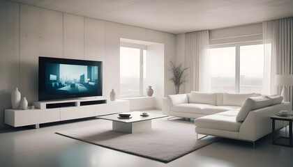 High end modern living room with white leather couch and a large flat screen tv mounted on the wall, brutalist architecture mixed with modern futuristic minimal design