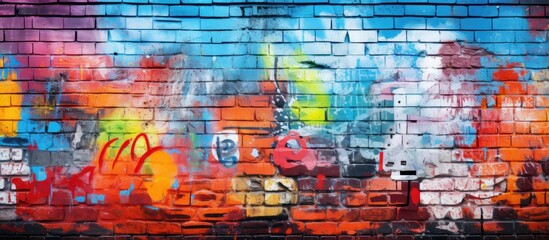 Naklejka premium Beautiful street art graffiti background with abstract drawings in colorful house paint on a brick wall, representing modern urban culture with a unique abstract image providing copy space.