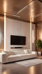 High end modern living room with white leather couch and a large flat screen tv mounted on the wall, brutalist architecture mixed with modern futuristic minimal design