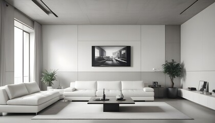 High end modern living room with white leather couch and a large flat screen tv mounted on the wall, brutalist architecture mixed with modern futuristic minimal design