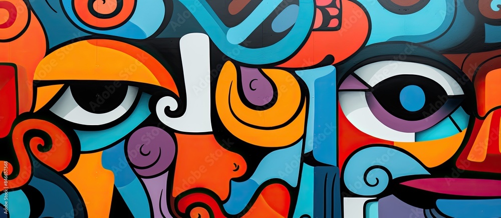 Poster close-up of colorful street art graffiti fragment with detailed contours and shading, featuring copy