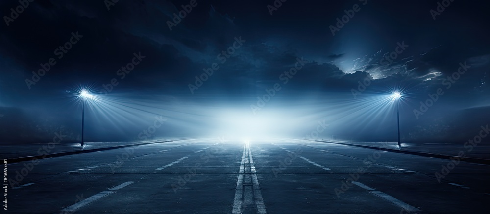 Poster illuminated by rays and spotlights, an empty dark scene features a blue light on an asphalt street w