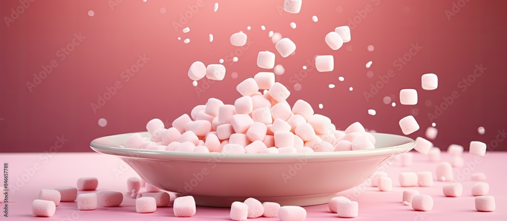 Poster delicate dessert of marshmallows falling on a pink background plate with copy space image.
