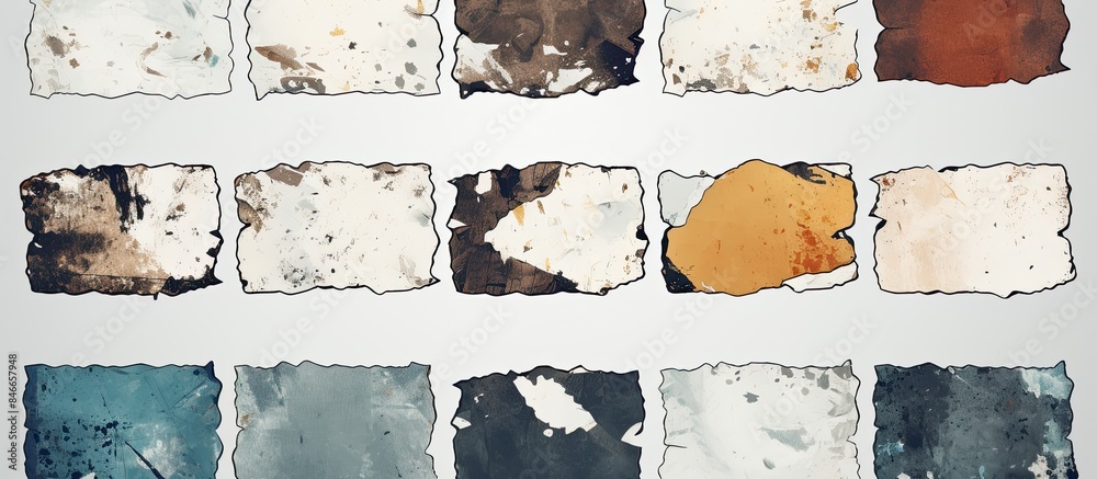 Poster a variety of worn and torn sticker templates suitable for mockups, with a white background providing