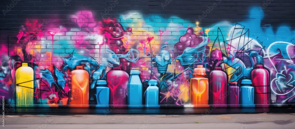 Poster vivid spray bottles displayed alongside captivating street art, with a backdrop perfect for a copy s