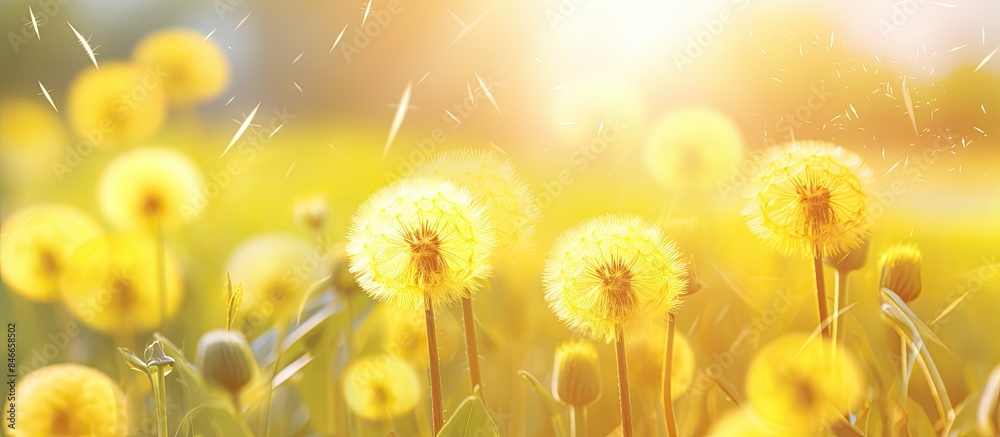 Poster dreamy macro shot of yellow dandelions in a sunlit meadow in summer or spring, creating a beautiful 