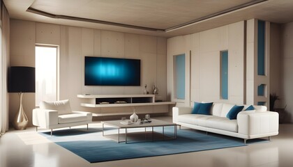 High end modern living room with white leather couch and a large flat screen tv mounted on the wall, brutalist architecture mixed with modern futuristic minimal design