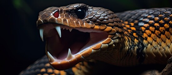 Fototapeta premium The dog-toothed cat snake, in a copy space image, is showing aggression toward people.