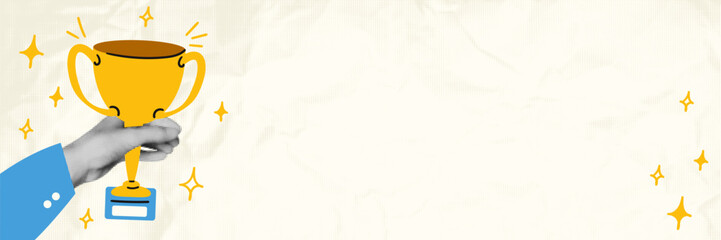 Halftone hand holding trophy cup trendy collage banner with doodle stars and copy space for text. Business success, victory, goal achievement concept. Modern retro vector illustration