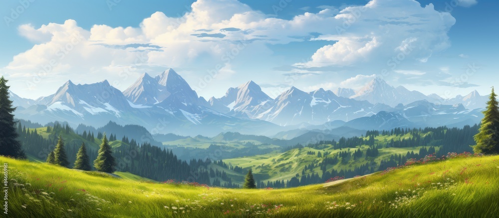 Aufkleber scenic alpine mountains with meadows and forests under sunlight, creating an idyllic nature landscap