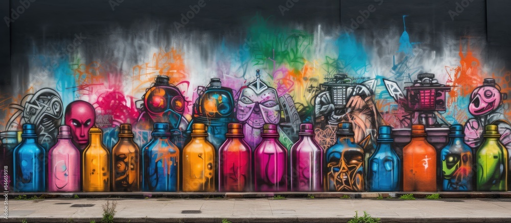 Poster vivid spray bottles displayed alongside captivating street art, with a backdrop perfect for a copy s
