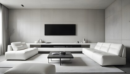 High end modern living room with white leather couch and a large flat screen tv mounted on the wall, brutalist architecture mixed with modern futuristic minimal design