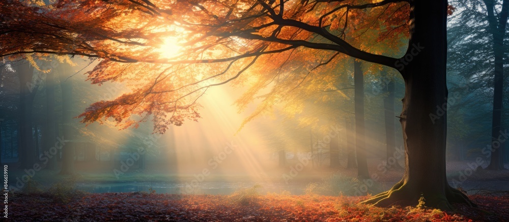 Poster a picturesque autumn forest scene with sunlight filtering through foggy trees, creating a stunning n