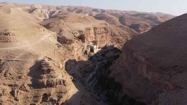 Aerial video above saint george monastery on a sunny day, Israel
