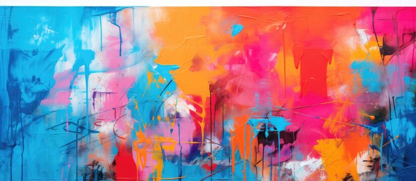 Abstract street wall art displaying a vibrant graffiti pattern with pink, yellow, red, orange, and blue colors on a concrete wall background with copy space image.