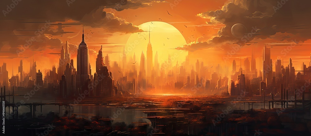 Poster during sunset, the sun casts a warm glow over the cityscape. with copy space image. place for adding