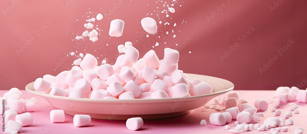 Poster delicate dessert of marshmallows falling on a pink background plate with copy space image.