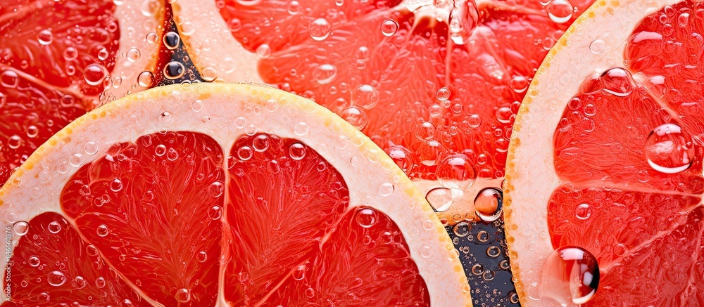 Leinwandbilder macro image of blood red ripe grapefruit slices in water with bubbles, creating a tropical copy spac