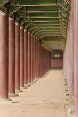 Fototapeta premium a long corridor with traditional Korean architecture, featuring colorful wooden beams and a series of red pillars leading to a vanishing point.