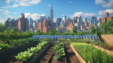 Fototapeta premium City Oasis Rooftop Urban Farming with Stunning Skyline Views Greenhouses and Business Cards Sustainable Agriculture in the Heart of the City