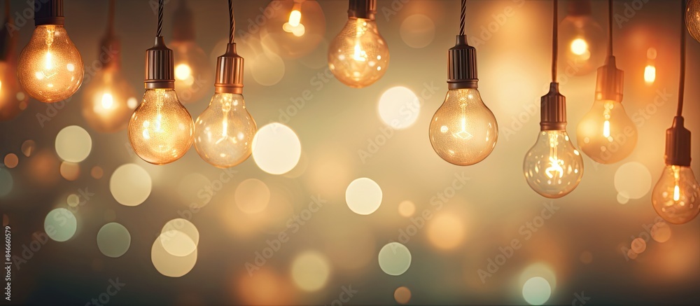 Poster A stunning display of light bulbs hanging, emitting a beautiful bokeh effect, creating a captivating visual with copy space image.