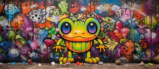 Obraz premium Graffiti street art featuring a cartoon frog and lollipop, creating an abstract background with copy space image.
