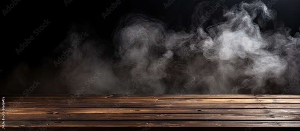 Poster wooden table with smoke rising against dark backdrop, ideal for displaying products, with empty copy
