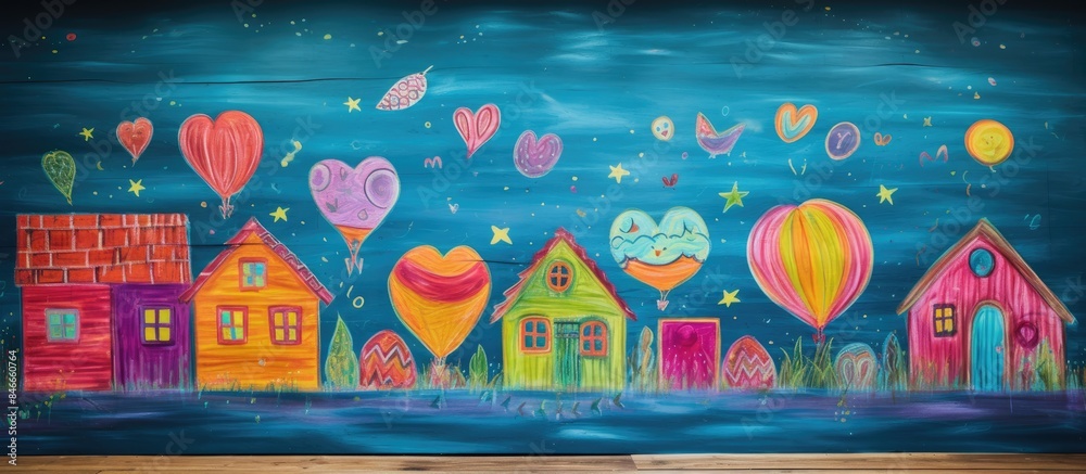 Aufkleber Colorful child's illustrations using chalk on a wooden backdrop with space for text or images. with copy space image. Place for adding text or design