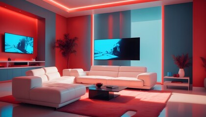 High end modern living room with white leather couch and a large flat screen tv mounted on the wall, brutalist architecture mixed with modern futuristic minimal design