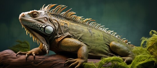 Fototapeta premium The iguana is a popular pet lizard, but demands considerable time and careful attention, as indicated by the copy space image.