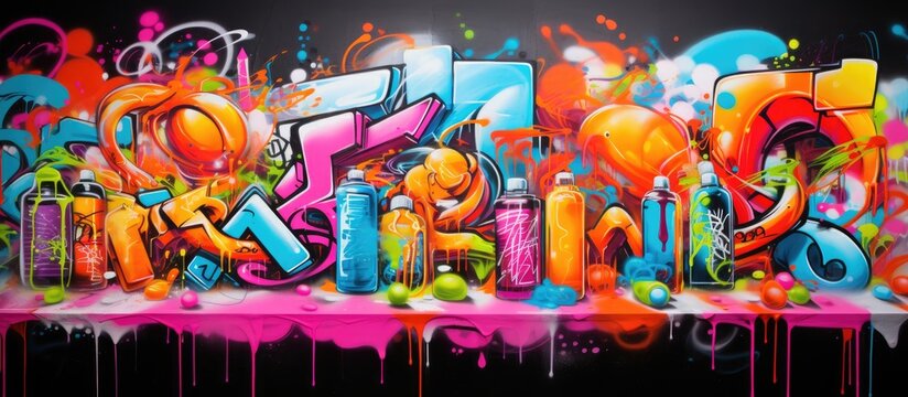 Vibrant graffiti painting on wall with bright outlines and aerosol spray cans. Modern street art piece reflecting youth culture with a 'copy space image.'