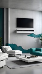 High end modern living room with white leather couch and a large flat screen tv mounted on the wall, brutalist architecture mixed with modern futuristic minimal design