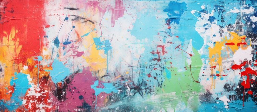 A fragment of graffiti art on an old wall styled in street art with paint stains, creating a multicolored background texture suitable for a copy space image.