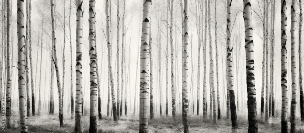 Poster Vintage impressionism style black and white photo of a birch grove with a vertical movement creating a nostalgic vibe, ideal as a copy space image.