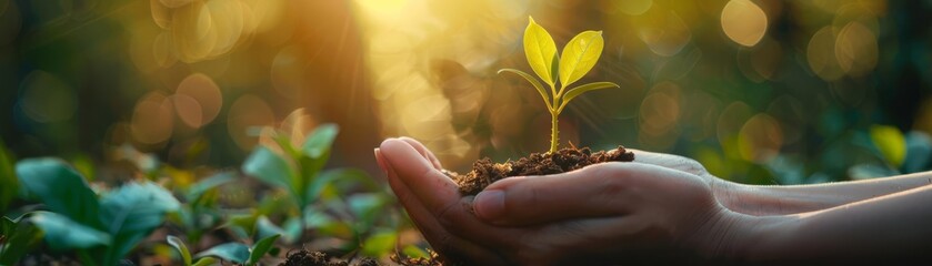 Fototapeta premium Closeup of hands nurturing a young tree seedling, representing environmental care and sustainability, blurred forest background, warm lighting, high detail