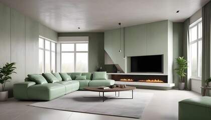 High end modern living room with white leather couch and a large flat screen tv mounted on the wall, brutalist architecture mixed with modern futuristic minimal design