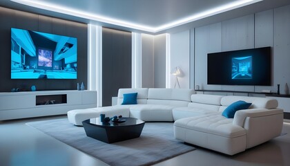High end modern living room with white leather couch and a large flat screen tv mounted on the wall, brutalist architecture mixed with modern futuristic minimal design