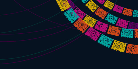 Hispanic heritage month. Vector web banner, poster, card for social media, networks. Greeting with national Hispanic heritage month text, Papel Picado pattern, perforated paper on black background.