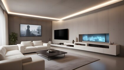 High end modern living room with white leather couch and a large flat screen tv mounted on the wall, brutalist architecture mixed with modern futuristic minimal design