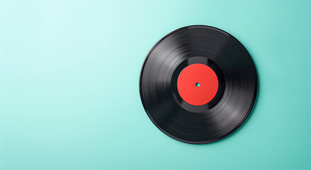 vinyl record on a green background and copy space