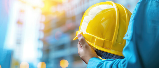 Close up engineer hand holding yellow safety helmet at construction