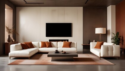 Fototapeta premium High end modern living room with white leather couch and a large flat screen tv mounted on the wall, brutalist architecture mixed with modern futuristic minimal design