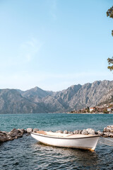 Historic town of Perast at Bay of Kotor in summer, Montenegro,Perast on a sunny day, Montenegro. Travel to Montenegro concept.Scenic panorama view of the historic town of Perast at famous Bay of Kotor