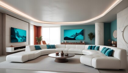 High end modern living room with white leather couch and a large flat screen tv mounted on the wall, brutalist architecture mixed with modern futuristic minimal design