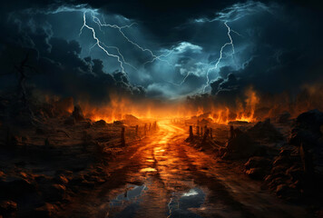 Obraz premium ** Apocalyptic Landscape with Fiery Road, Dark Clouds, and Dramatic Lightning Strikes