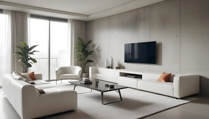 High end modern living room with white leather couch and a large flat screen tv mounted on the wall, brutalist architecture mixed with modern futuristic minimal design