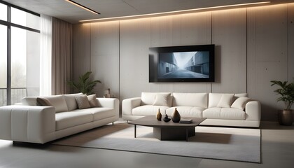 High end modern living room with white leather couch and a large flat screen tv mounted on the wall, brutalist architecture mixed with modern futuristic minimal design