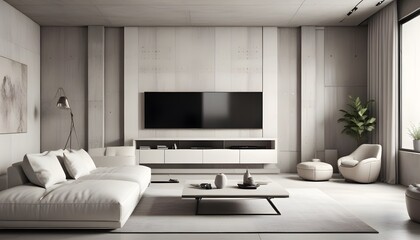 Fototapeta premium High end modern living room with white leather couch and a large flat screen tv mounted on the wall, brutalist architecture mixed with modern futuristic minimal design