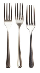 Fototapeta premium Three stainless steel forks arranged side-by-side, isolated on a white background. Perfect for kitchen, dining, or culinary themes.